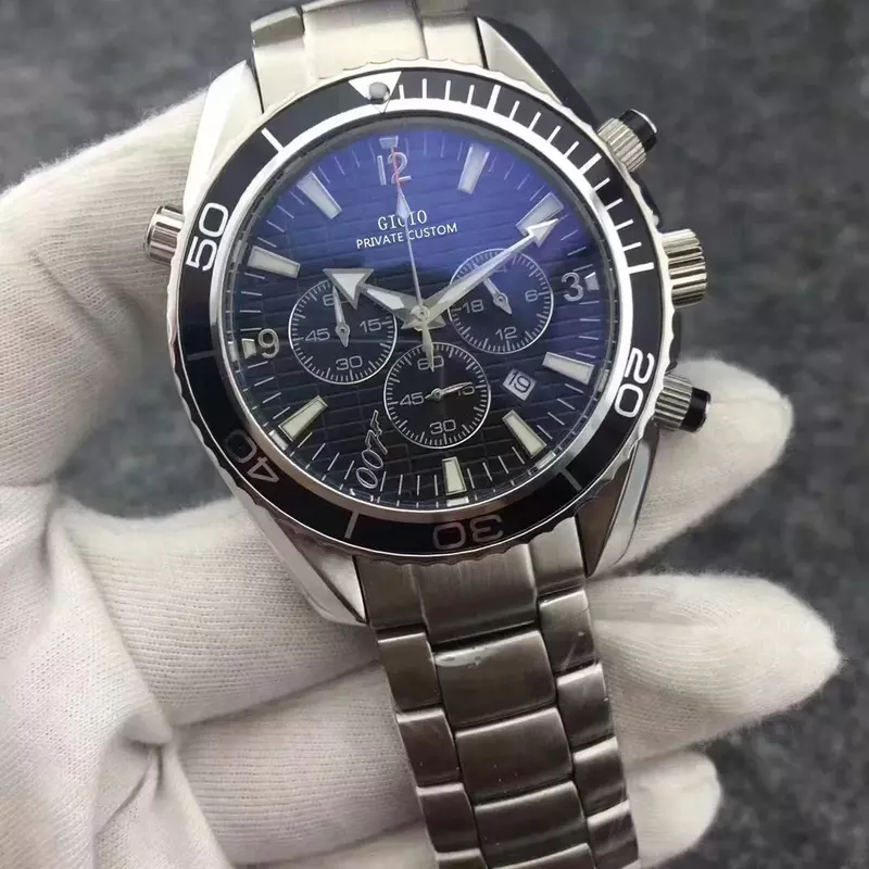Relógio cronógrafo de quartzo de luxo masculino, aço inoxidável, prata, preto, azul, luminoso, 007 relógios