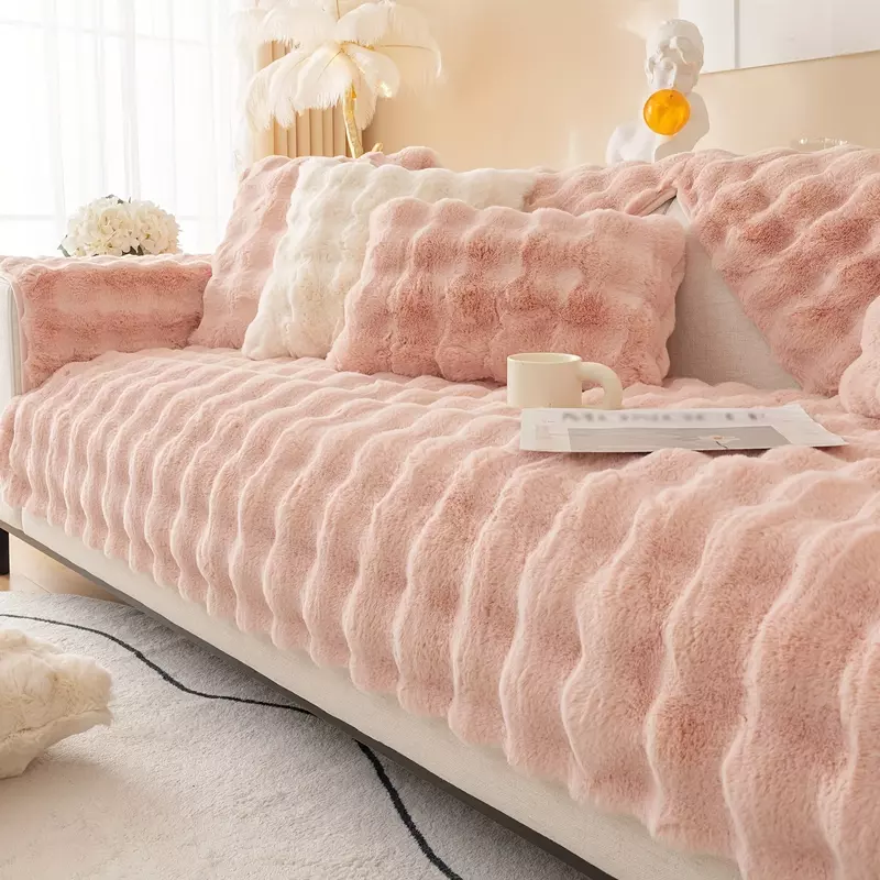 Capa de sofá pelúcia coelho quente, cobertor de veludo rosa para sala e casa, tecido novo, outono e inverno