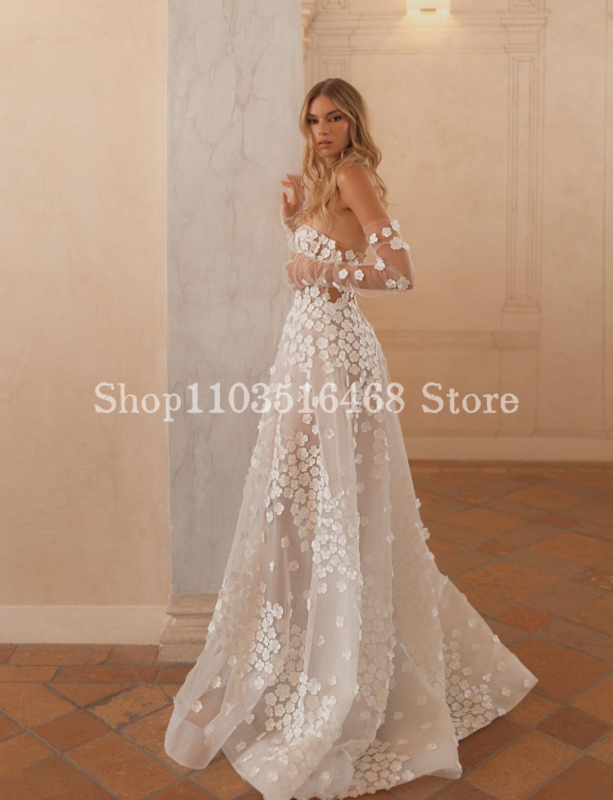 Elegant Sheath Wedding Dress 2024 Luxury White Applique Sheer Bohemian A-Line Custom Long Wedding Dress فساتين السهرة فخمه