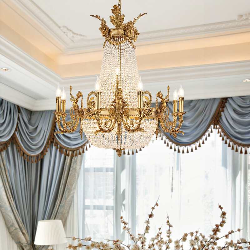 Медный светильник в европейском стиле, люстра из чистой меди во французском стиле для гостиной, столовой, лестницы, красная вилла, роскошный дворец