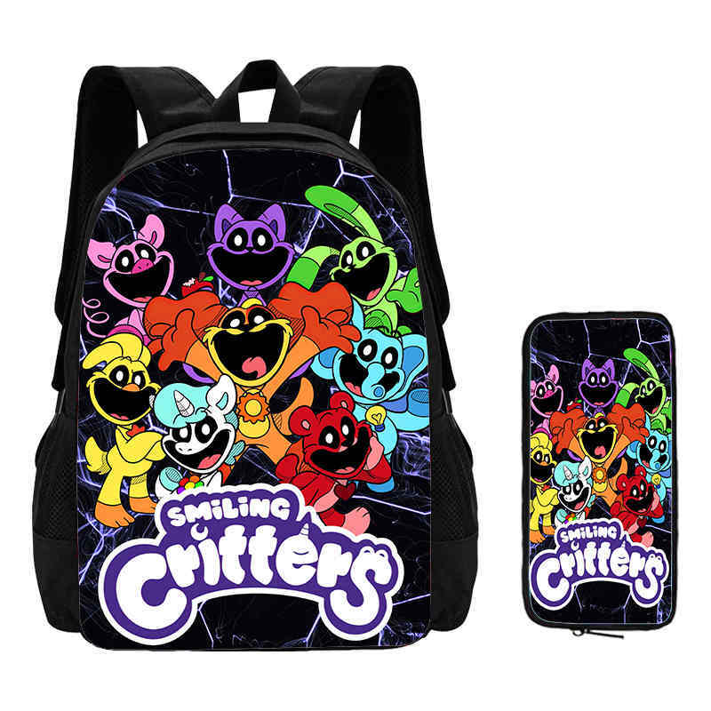 2 pcs Set Smiling Anime Critters Backpack with Pencil Bags for Boy Girls Cartoon Prints School Bags Mochila Best Gift for Child
