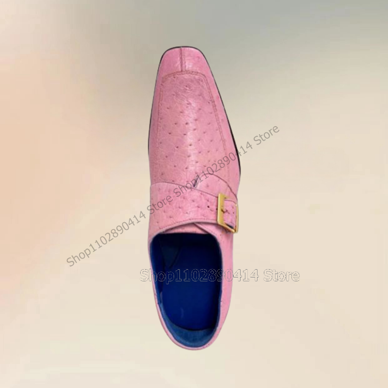 Sapatos estampados de avestruz artesanal masculino com fivela, sapato masculino de calçar, moda casual, rosa, luxo, festa, festa, design de costura
