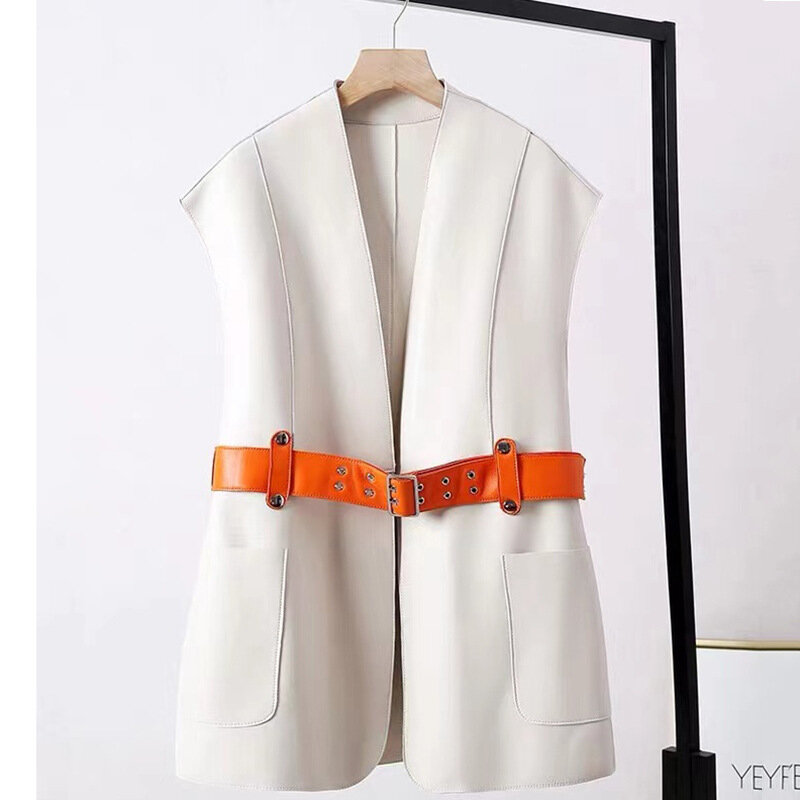 2023 Spring Brand New Designer Women's High Quality Sheepskin Genuine Leather Belt V-neck Vests Waistcoat B773