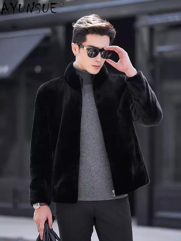 AYUNSUE-Casacos de pele de vison de alta qualidade para homens, casaco de pele real, gola em pé, jaquetas pretas casuais, inverno, 2023
