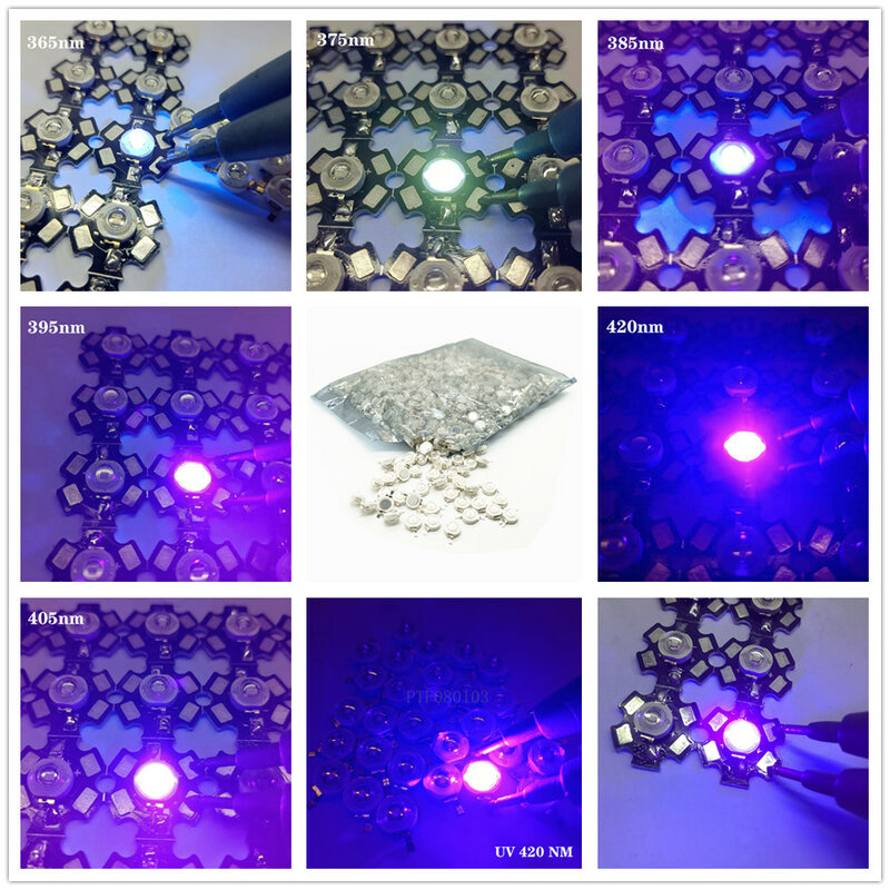 Bombillas ultravioleta LED UV de 3W, Chips de lámpara de 365nm, 375nm, 380nm, 385nm, 395nm, 400nm, 405nm, 410nm, 420nm, 3W con PCB negro de 20mm, 10 Uds.