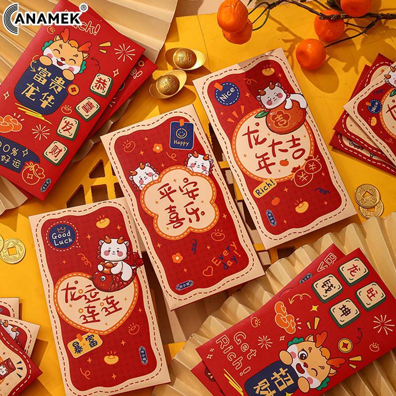 6 шт., красные конверты для праздника Весны 2024, конверты с надписью «Счастливый день дракона», карман для денег, украшение для китайского Нового года