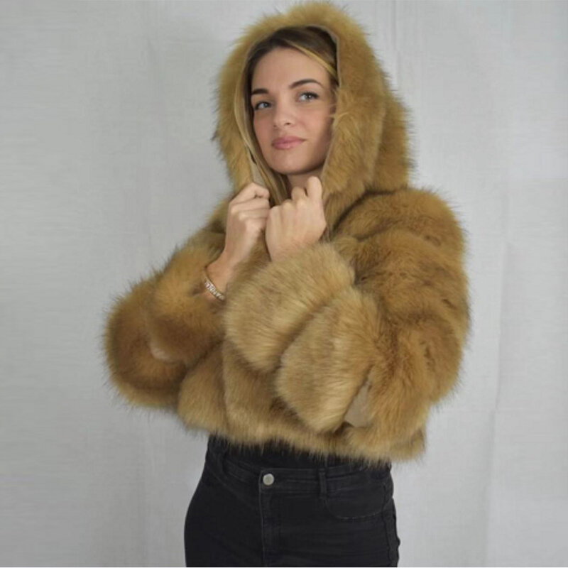 Blue Furry Cropped Faux Fur Coats and Jackets Women Zipper Hooded Fluffy Top Winter Cropped Fur Jacket With Hood Artificial Fur