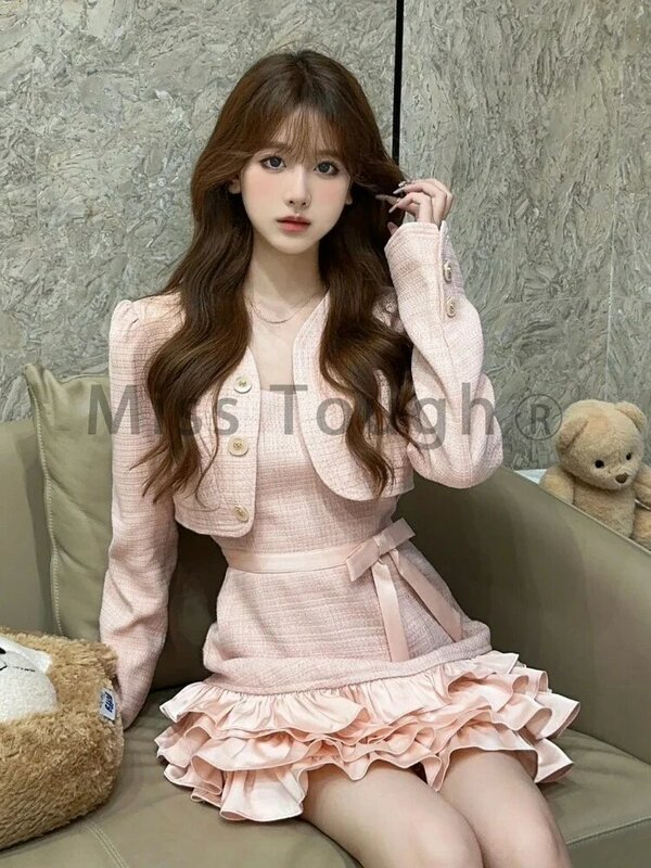 Zoete 2 Delige Jurk Set Vrouw Roze Lange Mouw Jas + Strik Kawaii Mini Jurk Vrouwelijke Koreaanse Mode Avond Feest Pak 2023 Winter