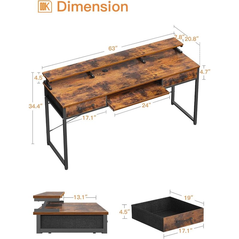 โต๊ะคอมพิวเตอร์ตั้งโต๊ะขนาด63นิ้วพร้อมลิ้นชักและถาดคีย์บอร์ด