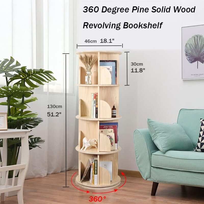 360 degree rotating bookshelf, 4-layer stackable solid wood bookshelf, children's storage display floor standing bookshelf