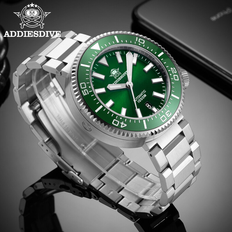 Addiesdive นาฬิกาข้อมือสำหรับผู้ชาย, คริสตัลสีน้ำเงินแซฟไฟร์หน้าปัดเรืองแสงฝาเซรามิก316L สเตนเลสสตีล1000เมตรนาฬิกากลไกดำน้ำ