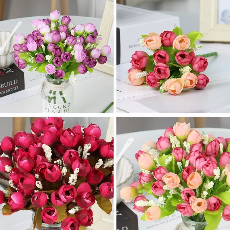 인공 꽃 실크 장미 꽃 봉오리 단일 줄기 배열 홈 신부 웨딩 파티 정원 테이블 축제 장식 식물