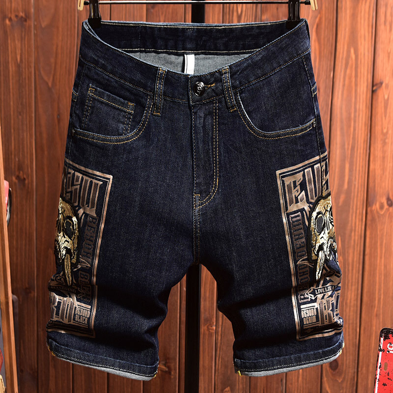 Summer thin denim shorts men's fashion street casual handsome fifth pants embroidered printedinsmen's street pants