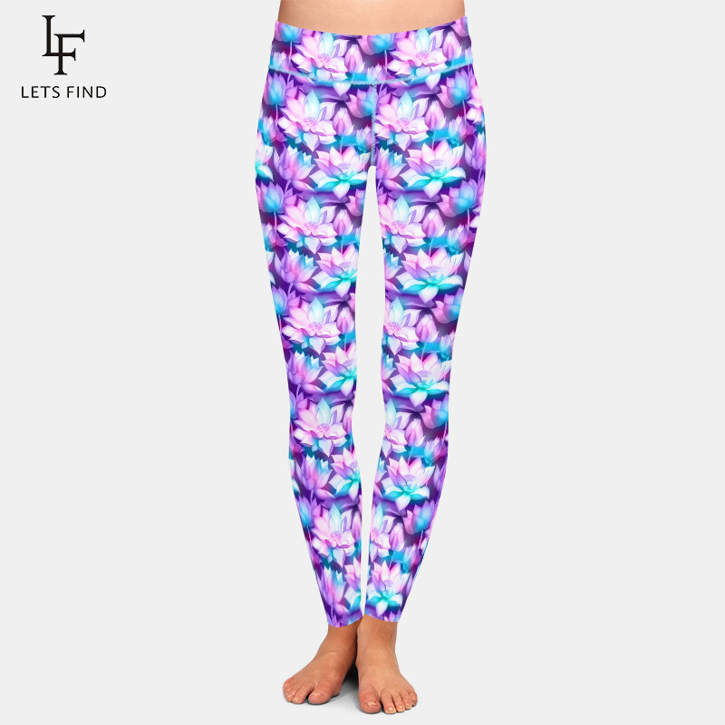 Letsfind bonito flor de lótus impressão leggings moda cintura alta quaility feminino leggings de fitness