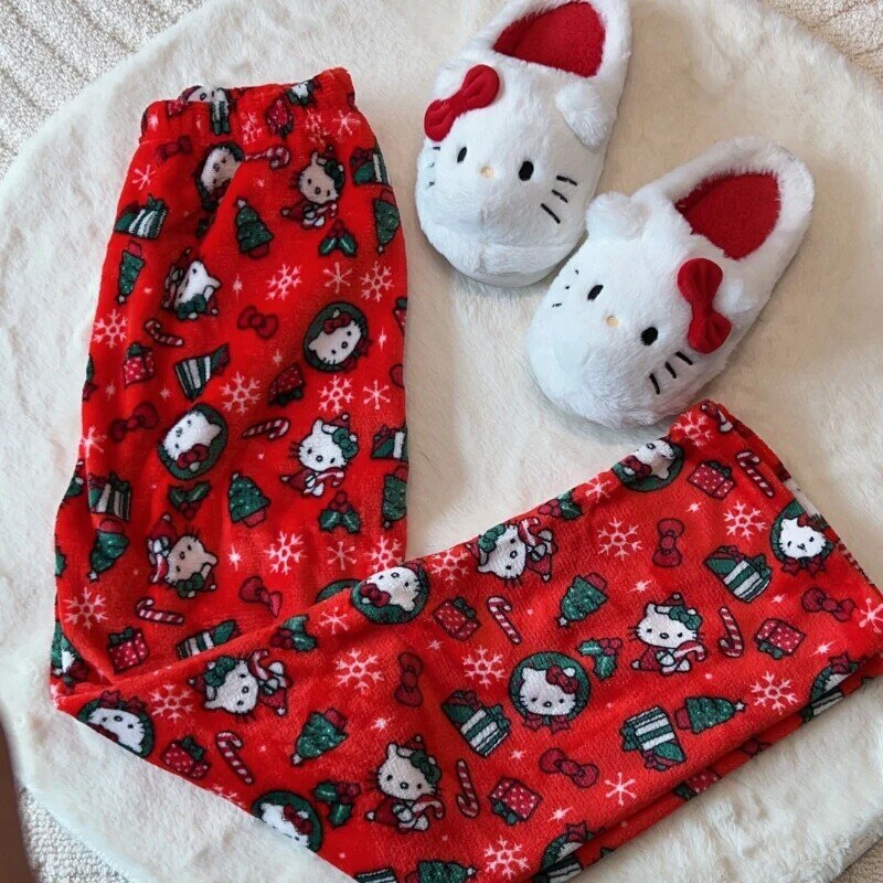 Kawaii Sanrio Hellokitty Cartoon Pyjama Broek Y 2K Vrouwen Herfst/Winter Pluizige Warme Oma Broek Mode Losse Pyjama Broek