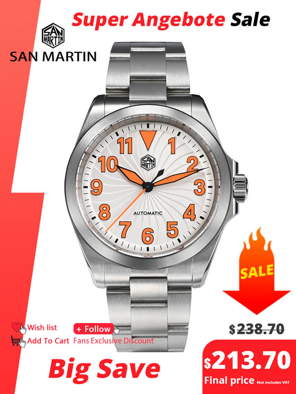 San Martin-Automatic Sapphire relógio mecânico, Turbine Dial, relógio piloto luminoso, Fashion Sports, Novo, SN0132, 40mm, NH35