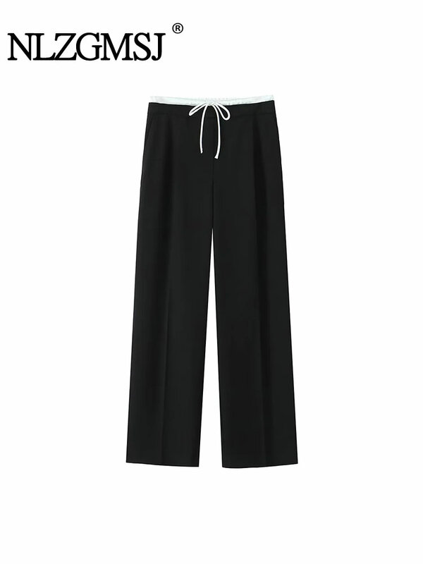 TRAF-Calça casual reta feminina, calça larga larga larga, calça preta básica, cintura de cordão, outono, 2024