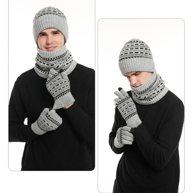 3pcs Winter Hat Gloves Neck Gaiter Set Warmer Knit Jacquard Pattern Hat for Ski N7YD