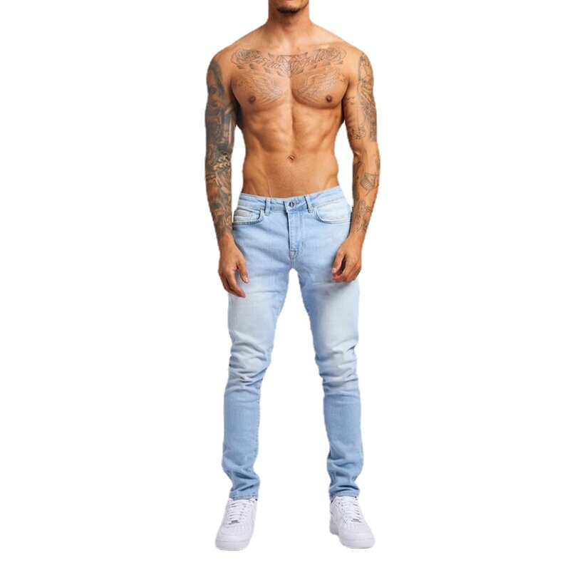 Jeans Pria Baru Celana Denim Pinggang Tinggi Ramping Hitam Tren Celana Panjang Pria Pas Badan Solid Panjang Penuh Empat Musim Jeans Ramping Pria