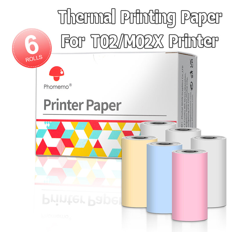 3-6gulungan T02 kertas stiker cetak kertas termal 50mm 53mm putih warna-warni untuk Phomemo saku T02 pencetak termal Mini