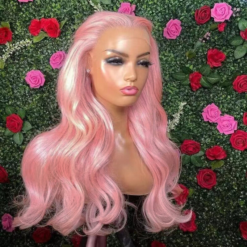 Wig renda sintetis gelombang tubuh merah muda ringan bagian tengah Wig pesta serat panas rambut merah muda bergelombang panjang Wig depan wanita pakaian renda