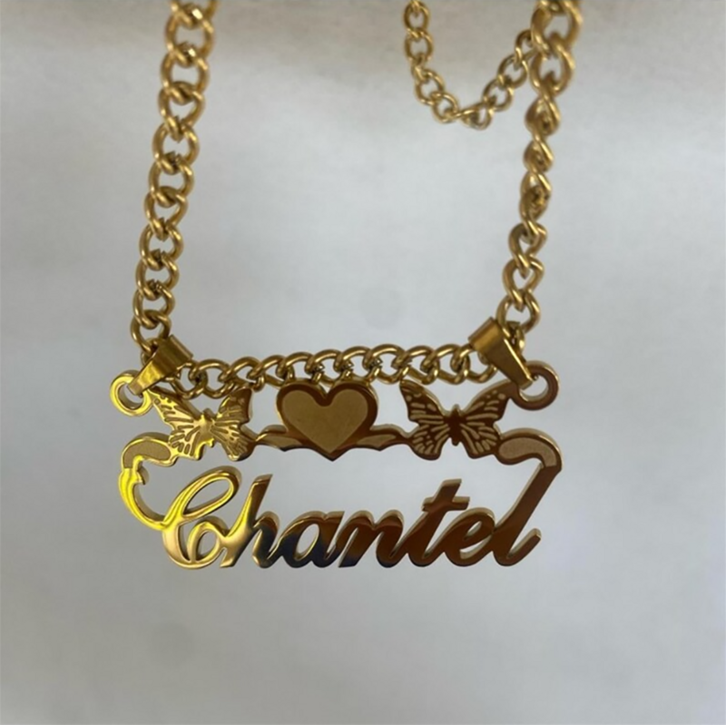 2024 New Custom Necklace Gold plated Nameplate Necklace Personalized Necklace Name with Heart And Butterfly Cuban Chain Necklace