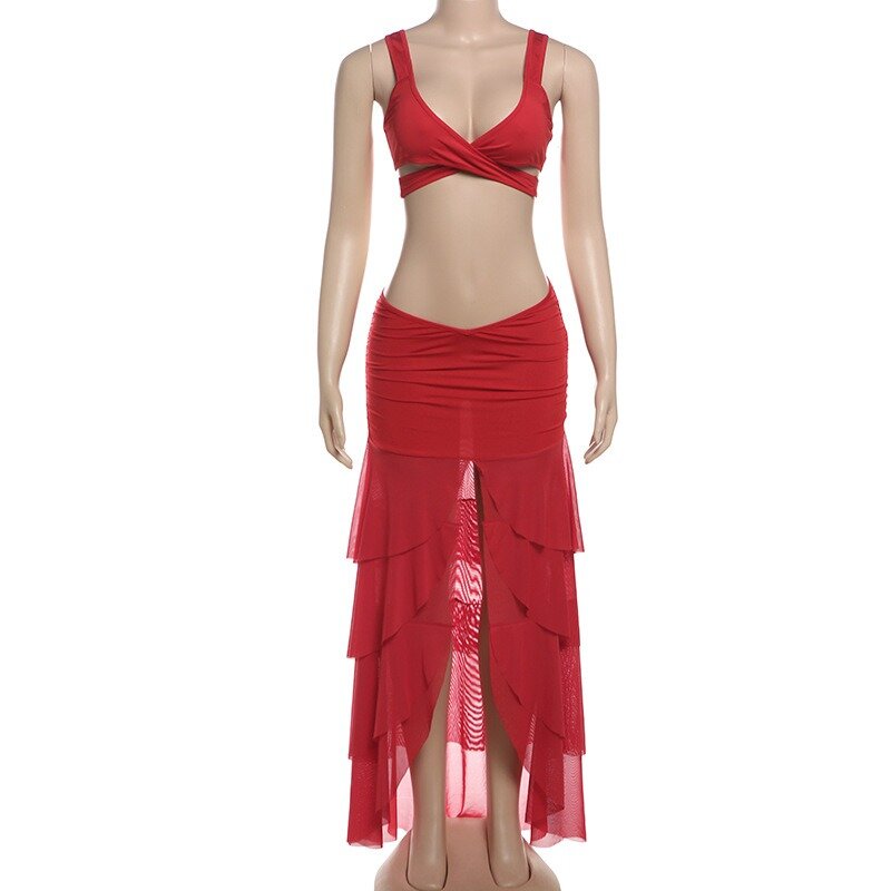 2024 Summer Elegant Sexy Spicy Girl Slim 2 Piece Set Women Camisole Bandage Hollow Out Crop Tops Patchwork Skirt Street Clubwear