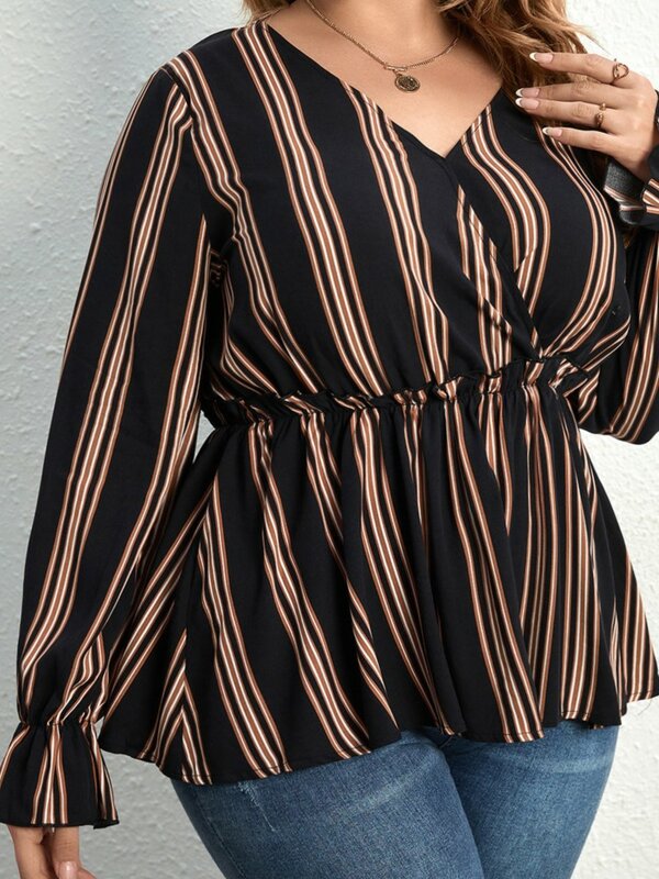 Plus Size Autumn Tops Women Long Sleeve Striped Print Pleated Ladies Blouses Ruffle Fashion Casual Loose Woman Tops 2023