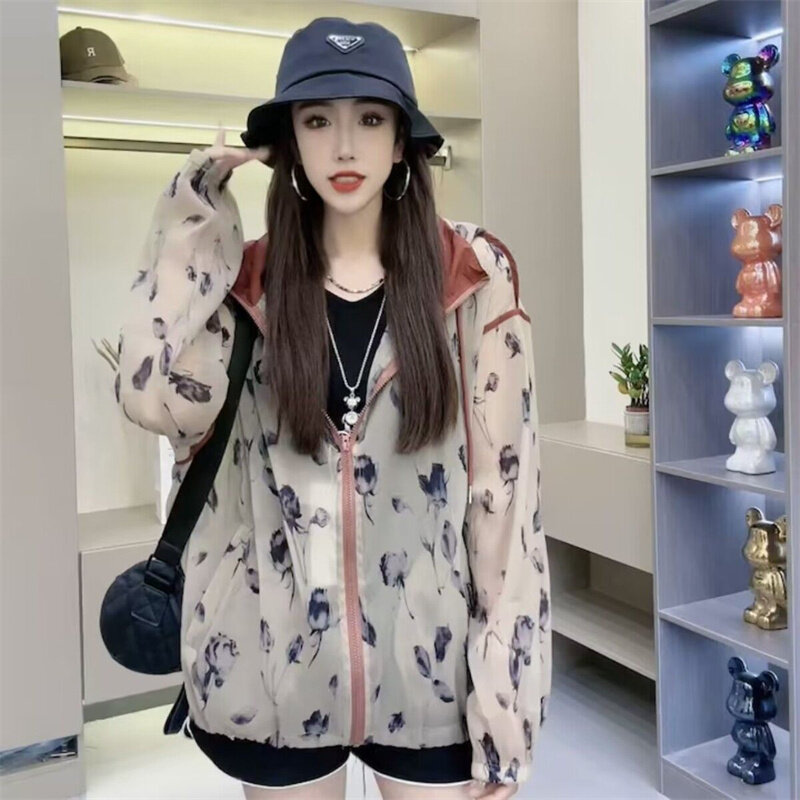 Summer Rose Print Casual Hooded Sun Protection Clothes For Women's Korean Loose Floral Ice Silk Top Fashion Thin Jacket Ladies
