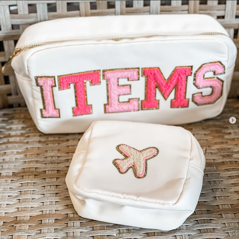2022 New Arrival Stock Fashion Makeup Bags Organizers Embroidered Letter Patches Cosmetic Pouch Nylon Personalized Toiletry Bag