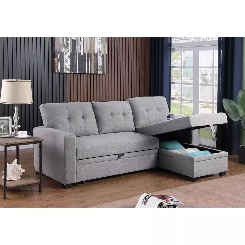 Deion Furniture Sofa bagian tidur reversibel kontemporer dengan kursi penyimpanan kain abu-abu muda