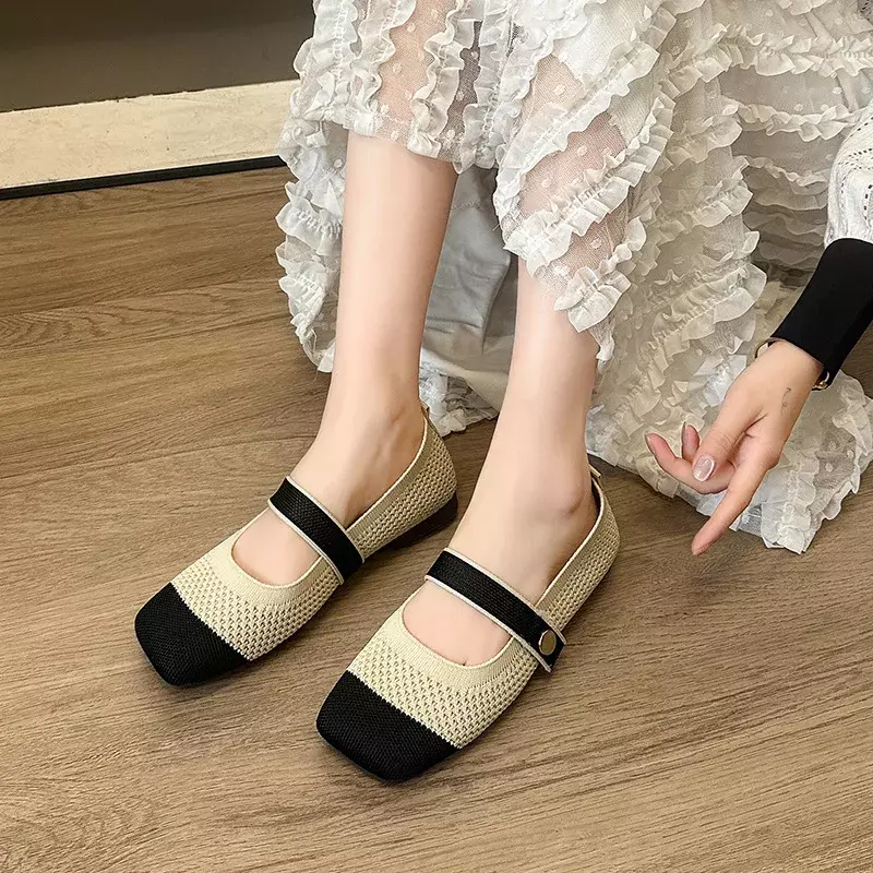 Fashion Flat Shoes Women Elegant Square Toe Zapatos Mujer Ladies Knitted Soft Sole Breathable Non-Slip Outdoor Shoes 2024 Trend