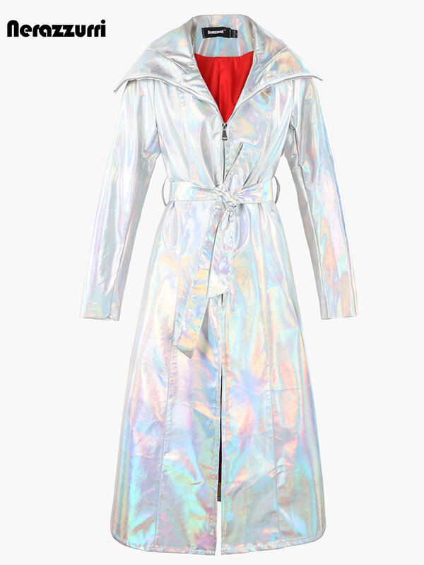 Nerazzurri-abrigo Extra largo de charol holográfico para mujer, impermeable, a prueba de viento, brillante, plata reflectante, piel sintética, con capucha, otoño