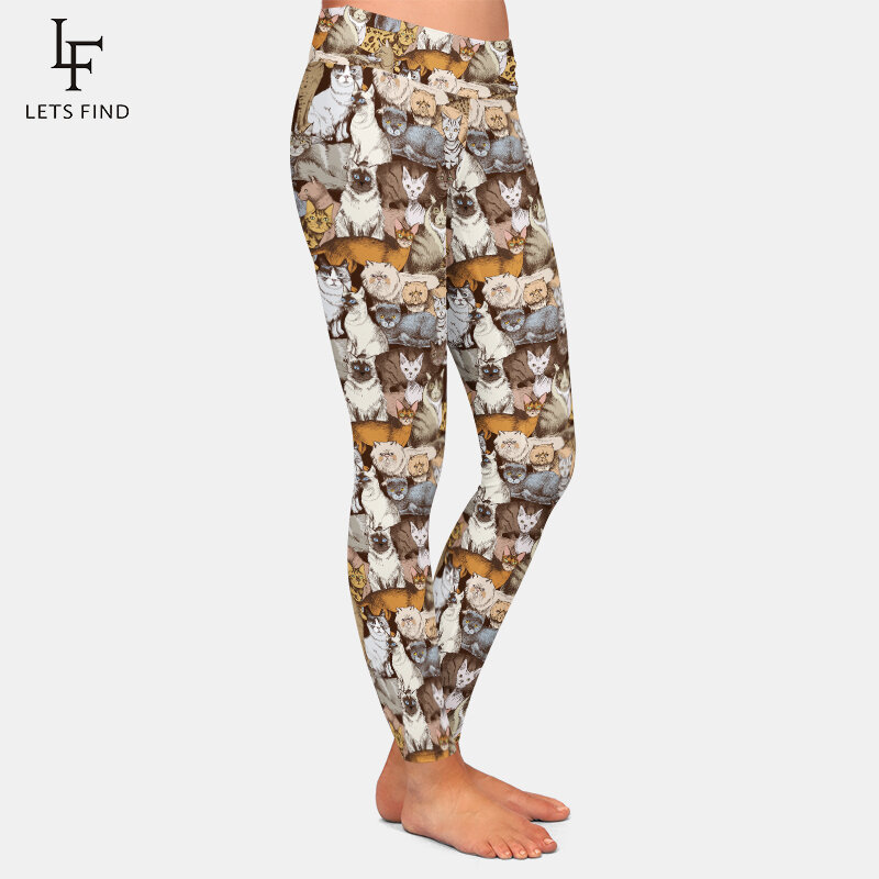 Модные женские брюки LETSFIND с высокой талией, высококачественные привлекательные эластичные леггинсы для фитнеса с 3d-изображением милых кошек и цифровым принтом