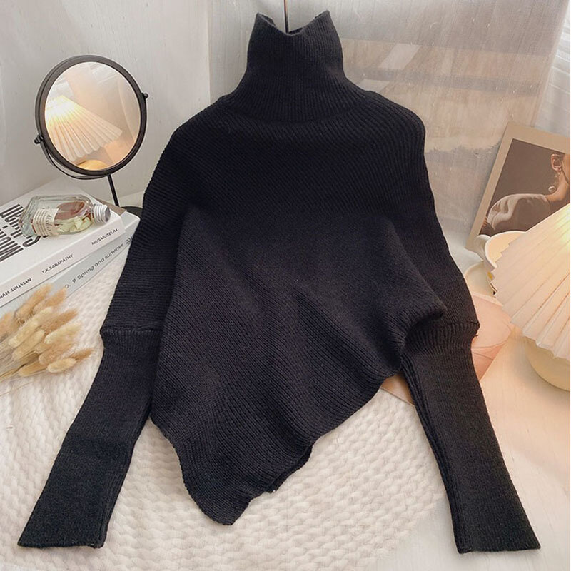 Turtleneck Knitted Sweater Women Korean Fashion Solid Color Irregular Sweater Ladies Autumn Winter Casual Long Sleeve Pullovers
