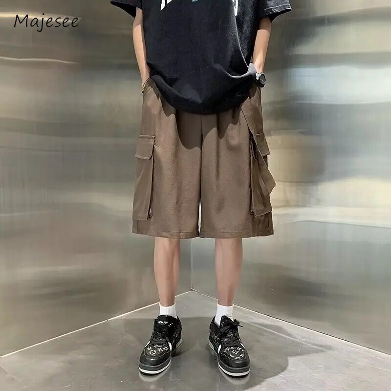 Calções de bolso grande para homens, streetwear casual, fitas grandes, estilo japonês diário, adolescentes, moda combinando, sólido, macio, verão