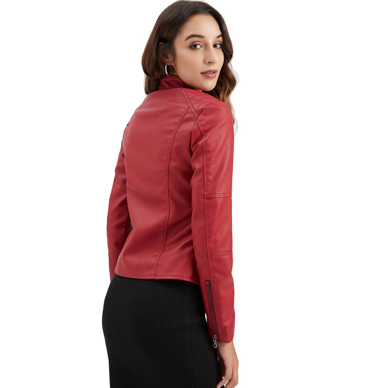 Jaket PU Merah Kerah Vertikal Wanita Jaket Kulit Wanita Ritsleting Motor Mantel Kasual Fashion Pakaian Luar Wanita Hitam Ungu
