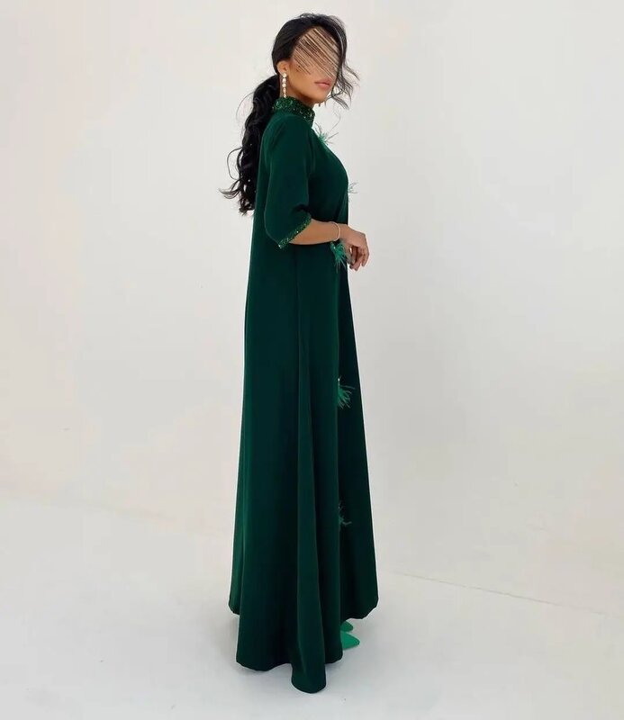 Dark Green High Neck Prom Dresses Half Sleeves Beads Feathers A-Line Elegant Evening Dresses Formal Occasion Party Gowns