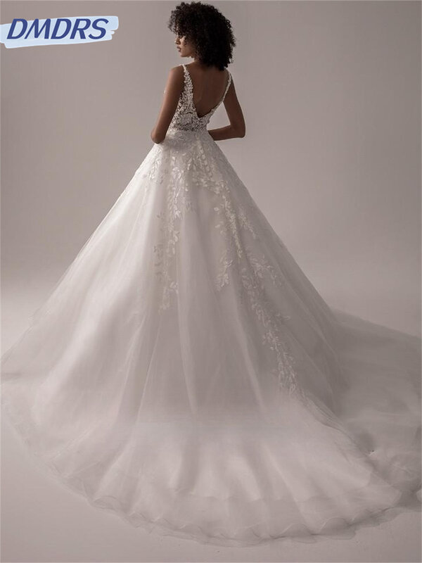 Sexy Spaghetti Strap Bridal Gown, Luxuosos vestidos de casamento impressos, Elegante vestido até o chão