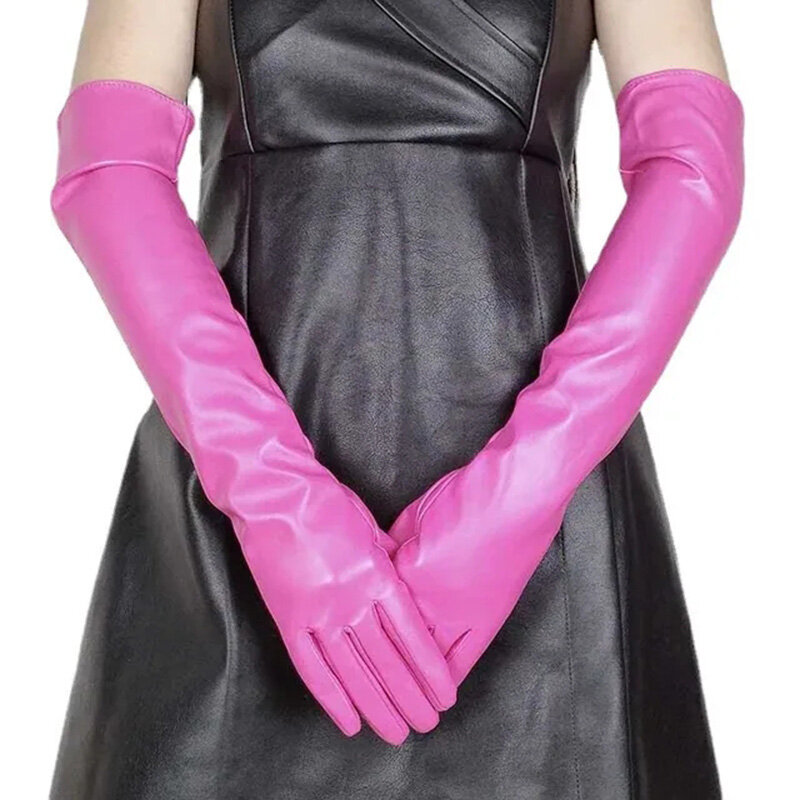 Sarung tangan kulit PU wanita, gaya roda gaun panjang dalam halus layar sentuh jari penuh hangat G203 musim dingin