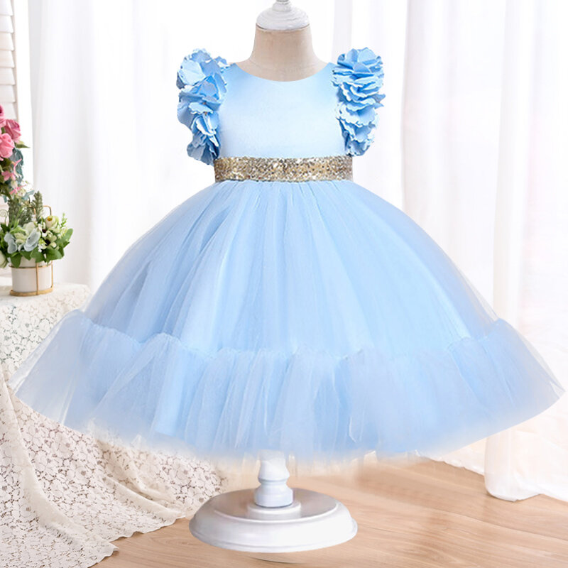 New Style Girl Wedding Party One-character Shoulder Suspender Dress Girl Bow Nail Pearl Flower Banquet Ball Dress vestidos
