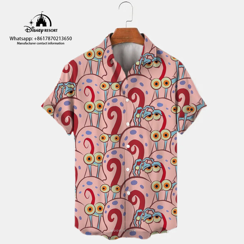 Новинка лета 2023, Повседневная рубашка в стиле Харадзюку, милая уличная рубашка с изображением Губки Боба и аниме, универсальная мужская рубашка с коротким рукавом и отложным воротником