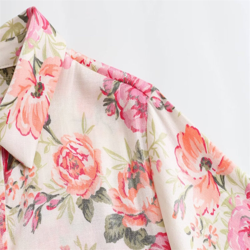 Camisa de seda estampa floral single-breasted, camisa de textura cetim, blusa curta casual solta de manga comprida, nova, verão, 2024