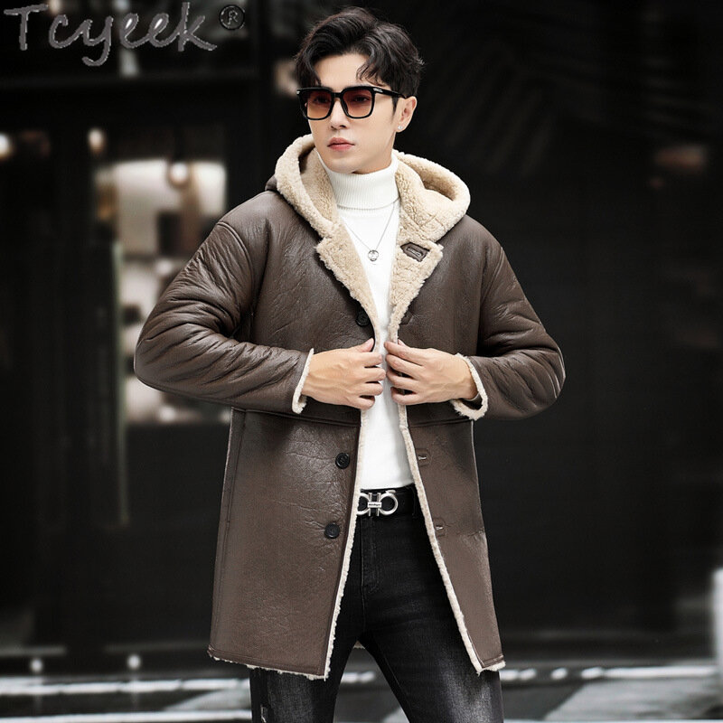 Tcyeek-Jaqueta de couro genuíno de comprimento médio masculina, casaco natural, com capuz, casacos de pele de carneiro real, moda chique, inverno