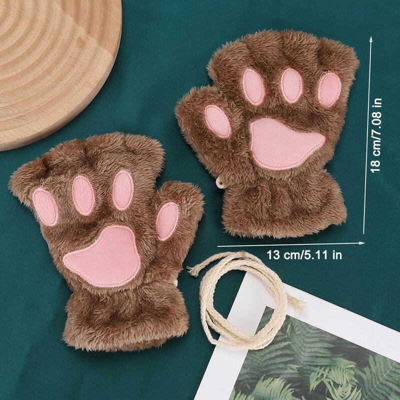 Women Cartoon Cute Cat Claw Paw Gloves Thickened Plush Soft Warmth Short Fingerless Gloves Fluffy Bear Cat Gloves Girls Gift