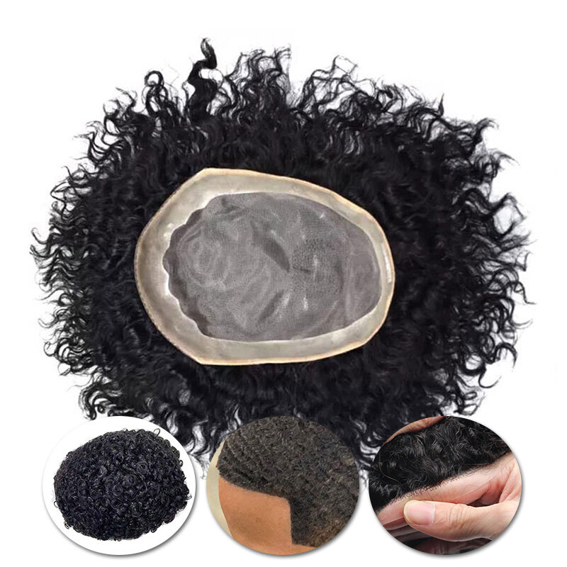 Profunda peruca encaracolada para homens, prótese capilar, fina mono NPU, 100% perucas de cabelo humano, afro toupee, sistemas Exhuast