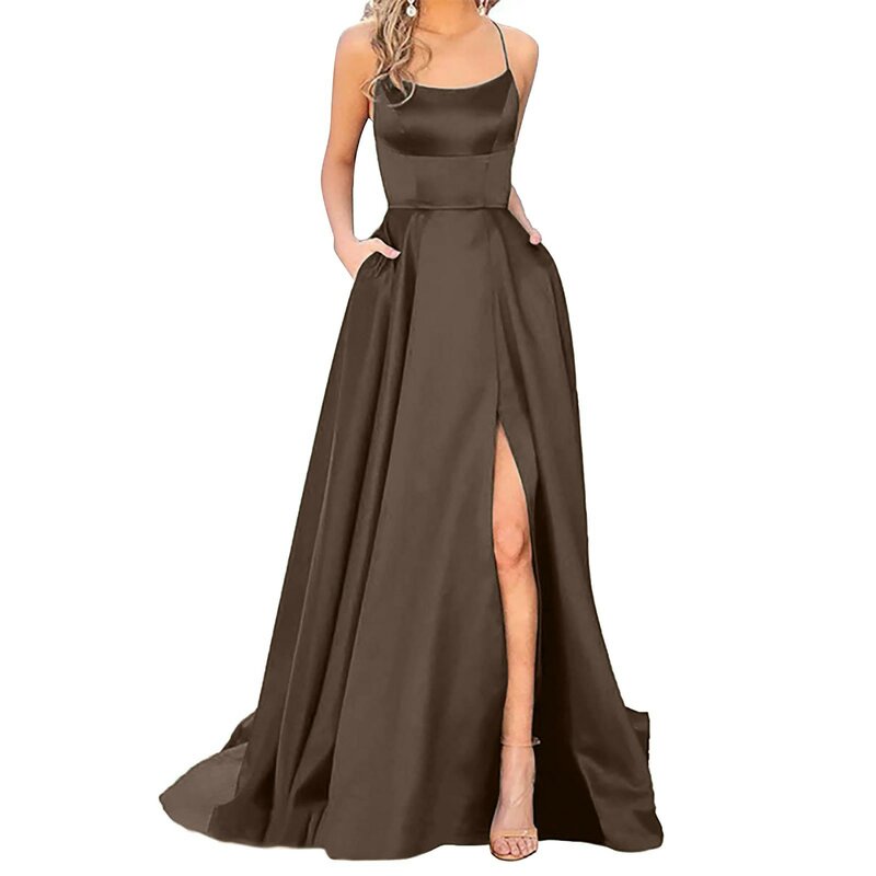 Elegancka wieczorowa sukienka maksi z rozcięciem seksowna sznurowana bez pleców, długa sukienka granatowa bez rękawów z wysokim stanem
