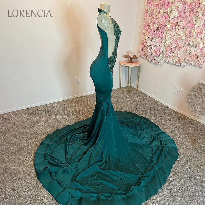 Świecąca zielony diament syrena suknie balowe czarne dziewczyny kantarka kryształowe koraliki suknia wieczorowa na przyjęcie diamentowe Sexy vestidos de gala