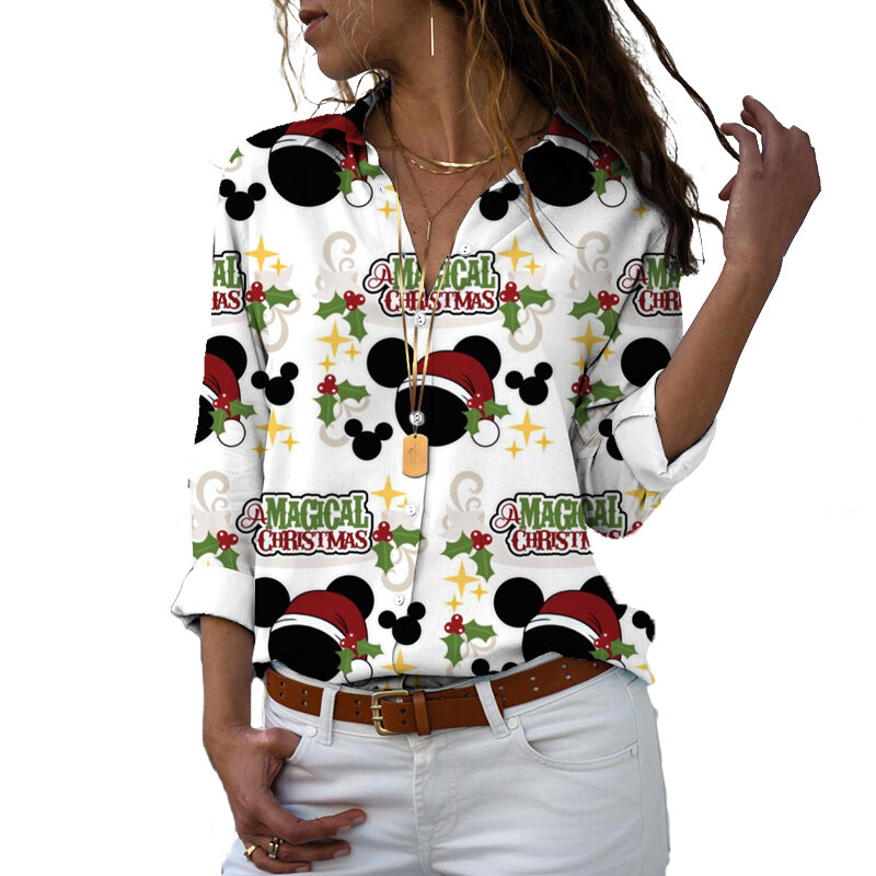 T-shirt à manches longues et col en V pour femme, chemise décontractée, simple, patchwork, Disney Minnie Mouse, printemps, automne, 2022