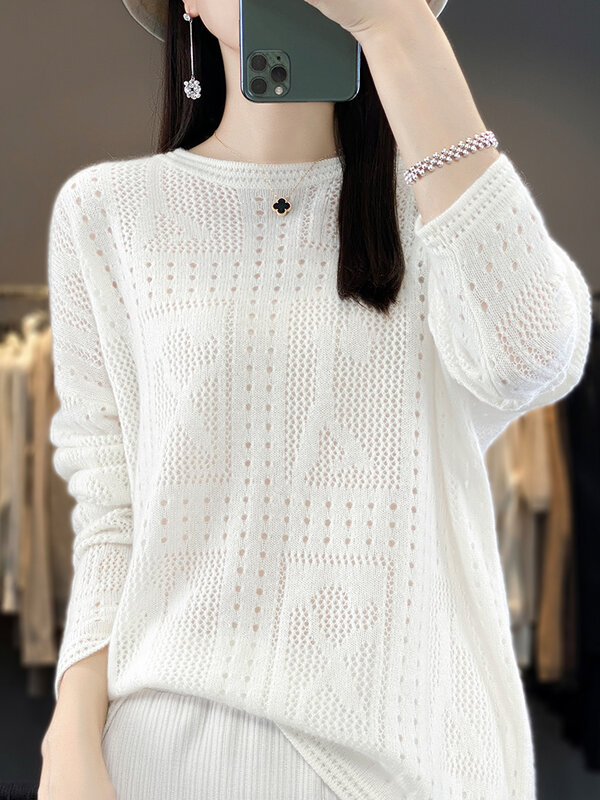 Suéter holgado de lana merina para mujer, jersey de manga larga con cuello redondo, ropa elegante para primavera y otoño, 100%